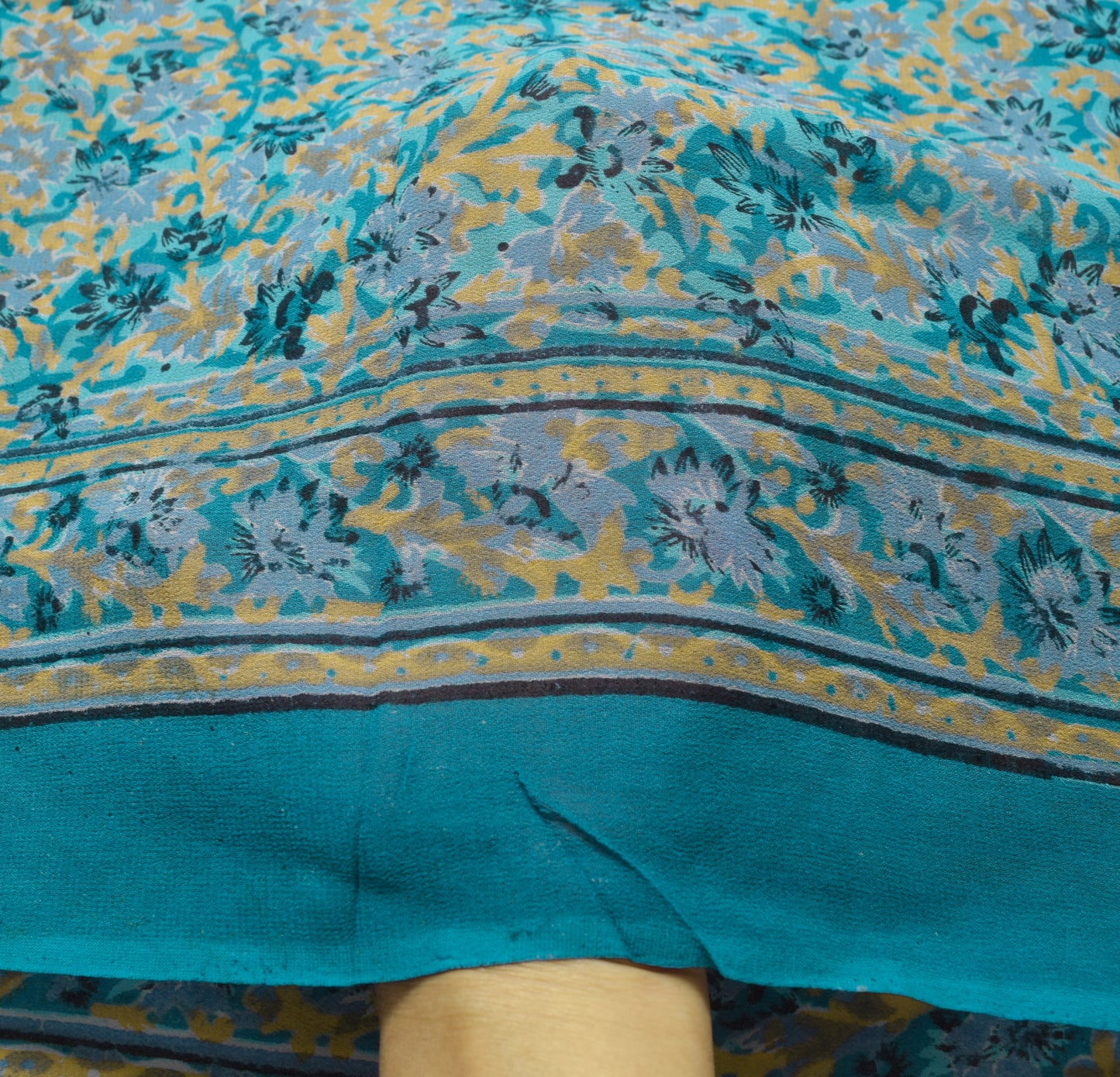 Sushila Vintage Teal Blue Floral Saree Pure Georgette Silk Printed Craft Fabric