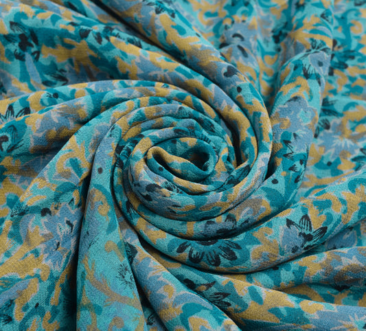 Sushila Vintage Teal Blue Floral Saree Pure Georgette Silk Printed Craft Fabric