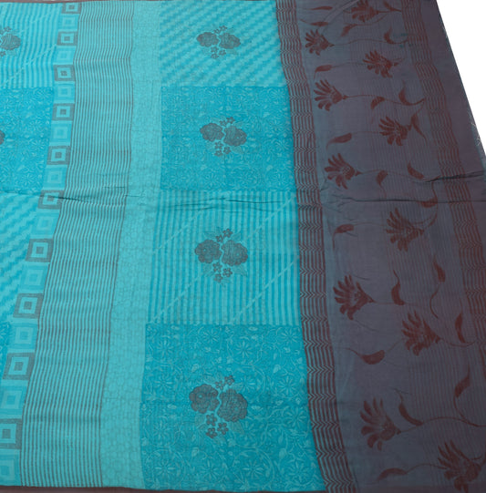Sushila Vintage Aqua Blue Saree Pure Georgette Silk Printed Floral Craft Fabric