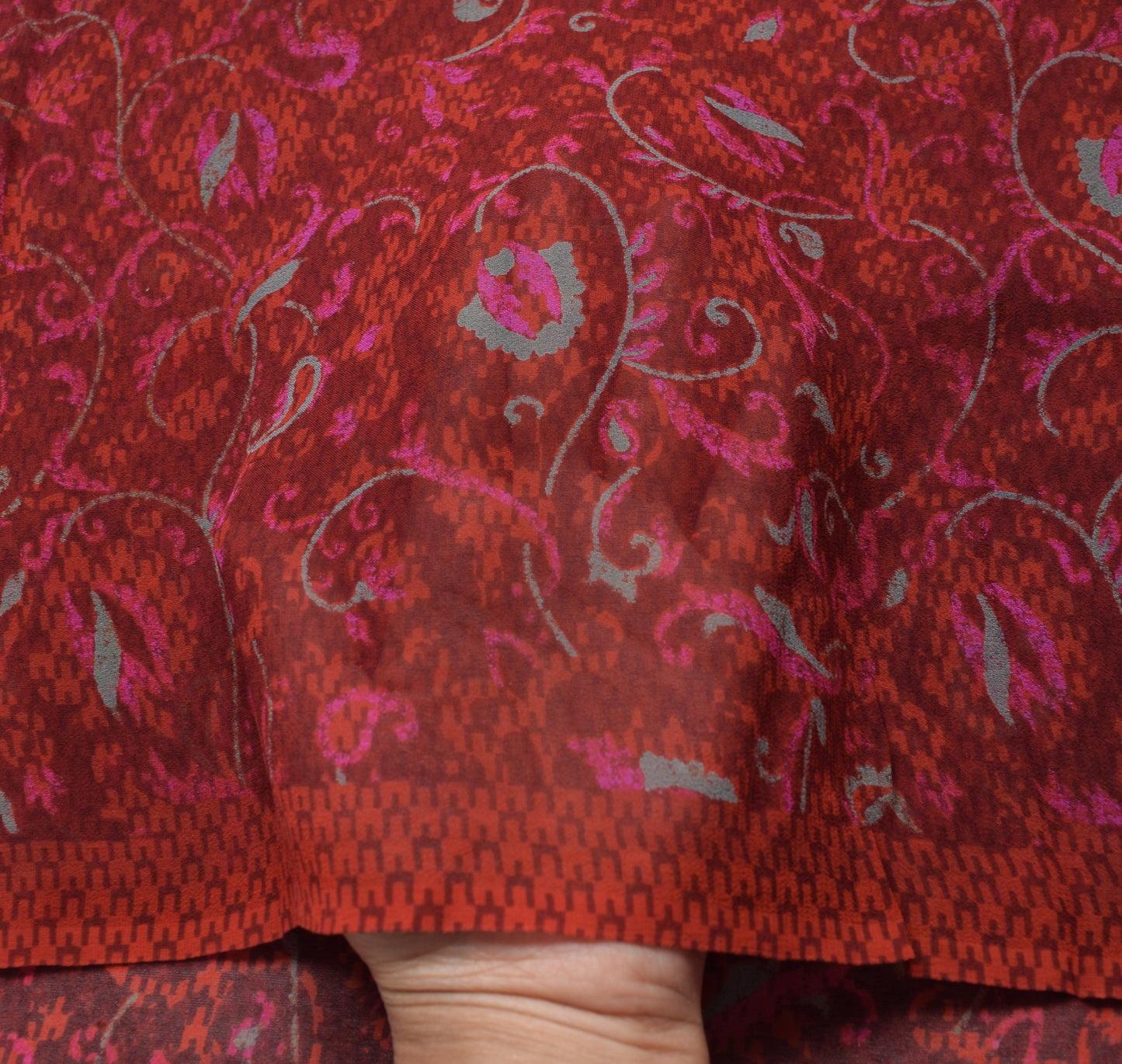 Sushila Vintage Saree Pure Georgette Silk Maroon Paisley Printed Craft Fabric