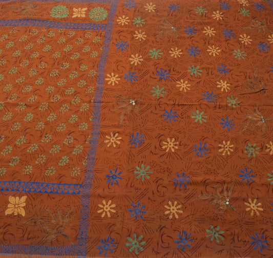 Sushila Vintage Saree 100% Pure Georgette Silk Printed Brown Floral Craft Fabric