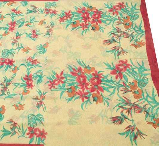 Sushila Vintage Saree 100% Pure Georgette Silk Printed Cream Floral Craft Fabric