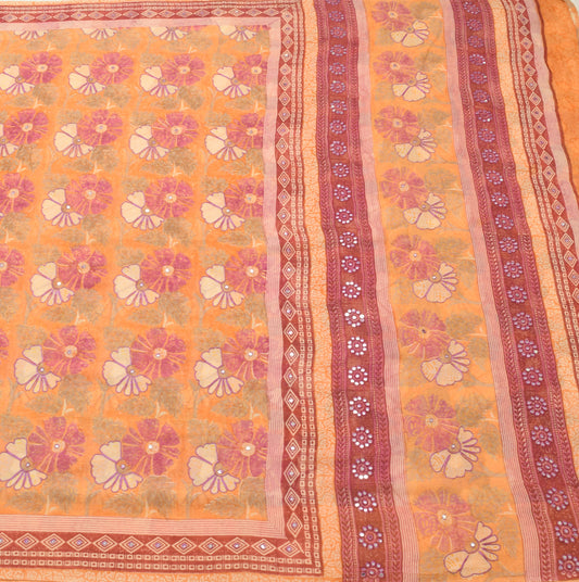 Sushila Vintage Orange Saree 100%Pure Georgette Silk Printed Floral Craft Fabric