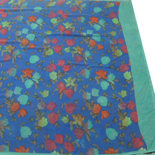 Sushila Vintage Blue Saree Branded Georgette Silk Printed Floral Craft Fabric