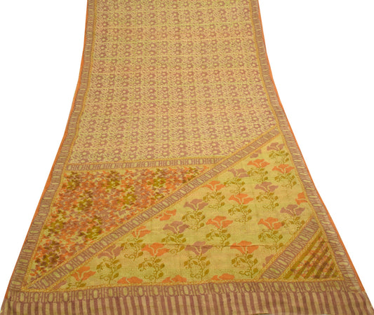 Sushila Vintage Saree 100% Pure Georgette Silk Green Floral Printed Craft Fabric