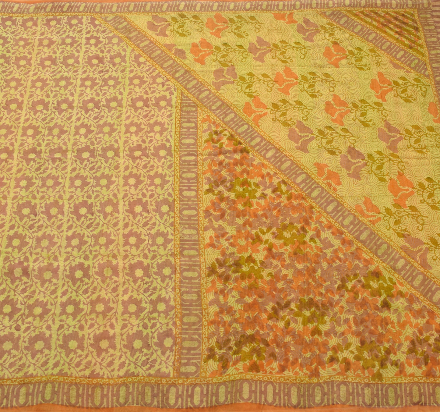 Sushila Vintage Saree 100% Pure Georgette Silk Green Floral Printed Craft Fabric