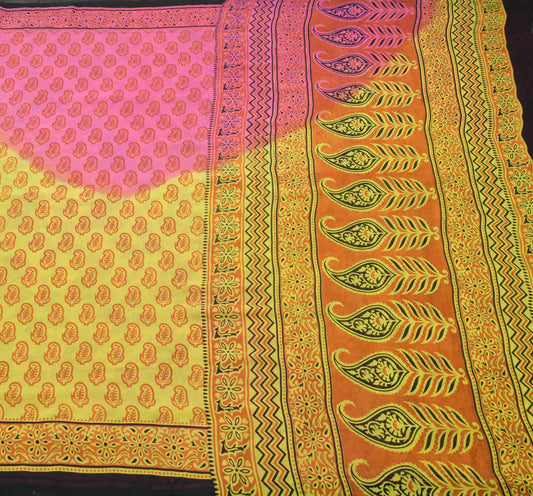 Sushila Vintage Green & Pink Saree 100% Pure Georgette Silk Printed Craft Fabric