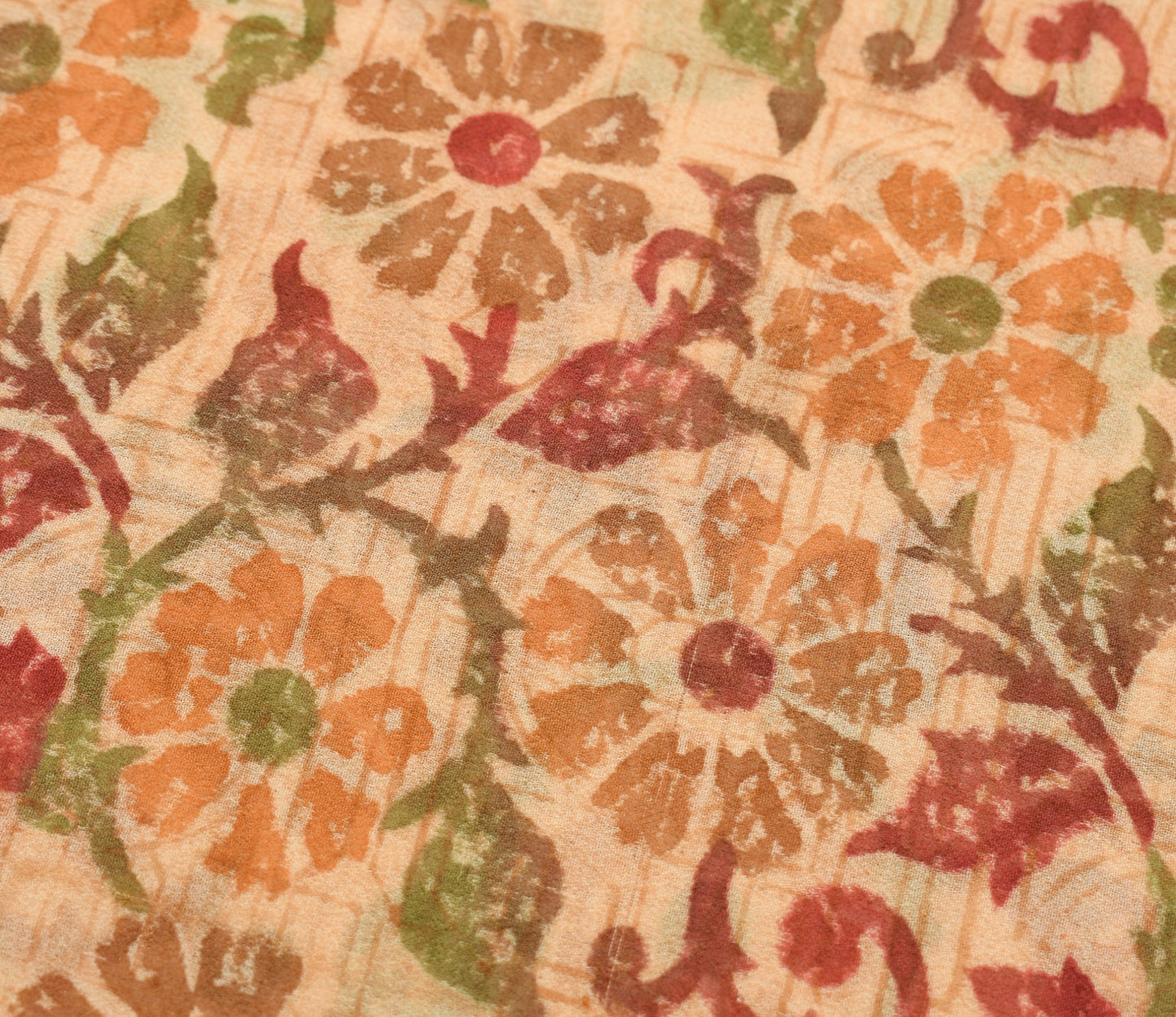 Sushila Vtg Beige Saree Georgette Silk Hand Block Printed Floral Craft Fabric