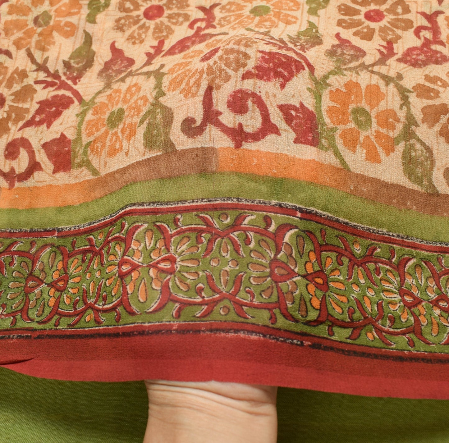 Sushila Vtg Beige Saree Georgette Silk Hand Block Printed Floral Craft Fabric