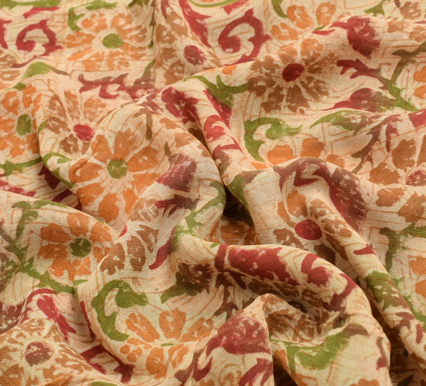 Sushila Vtg Beige Saree Georgette Silk Hand Block Printed Floral Craft Fabric