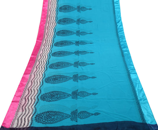 Sushila Vintage Aqua Blue Saree 100% Pure Georgette Silk Printed Craft Fabric