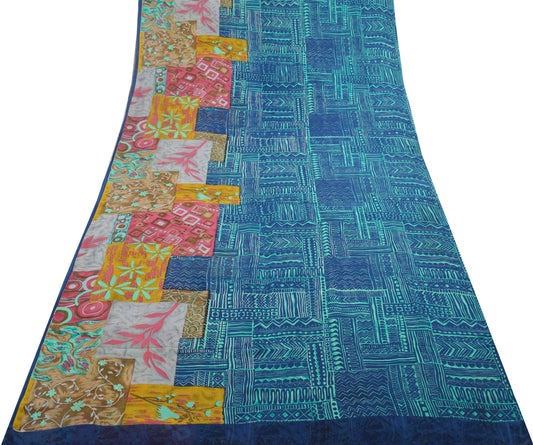 Sushila Vintage Blue Saree 100%Pure Georgette Silk Printed Abstract Craft Fabric