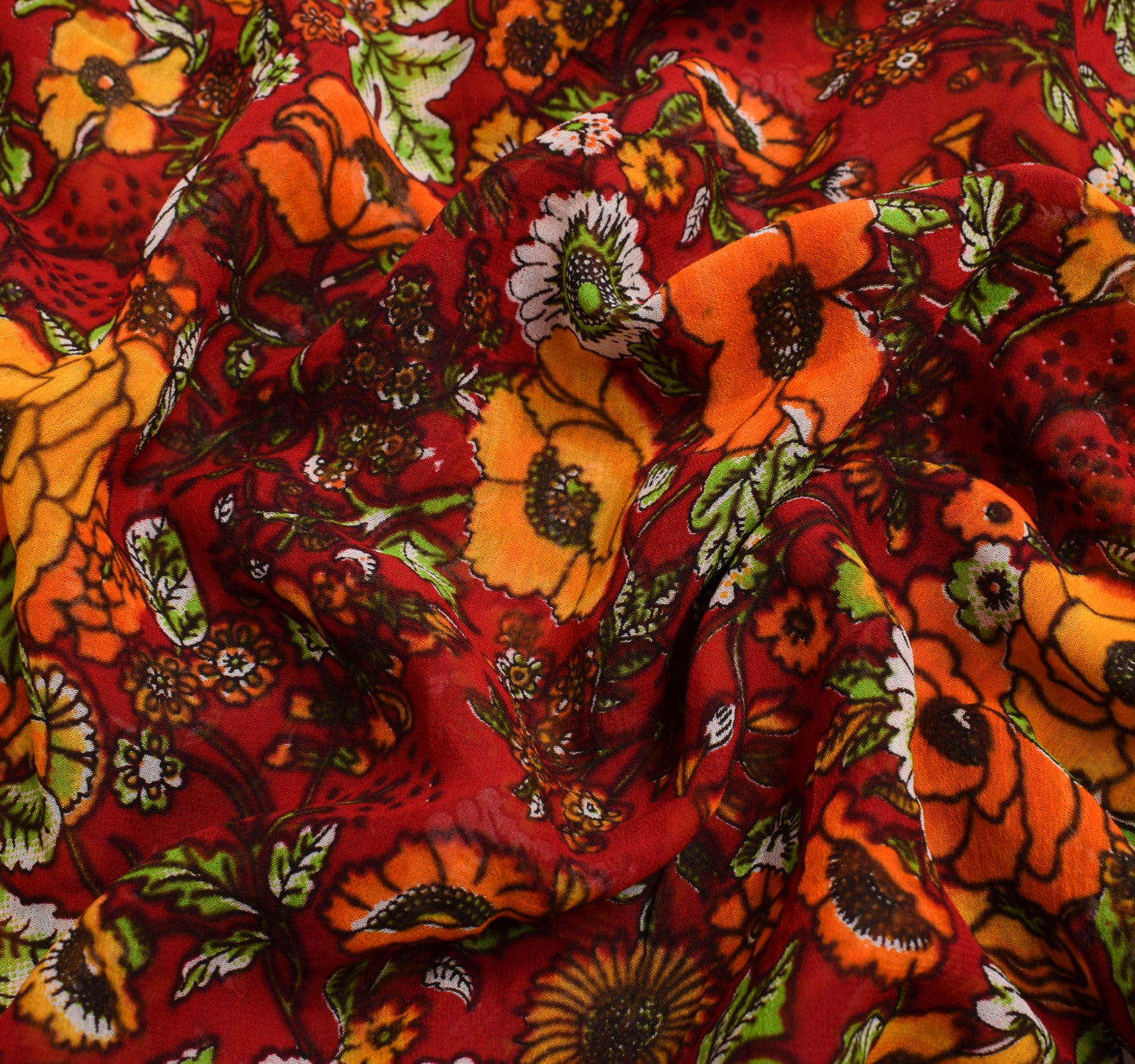 Sushila Vintage Dark Red Floral Saree Pure Georgette Silk Printed Craft Fabric