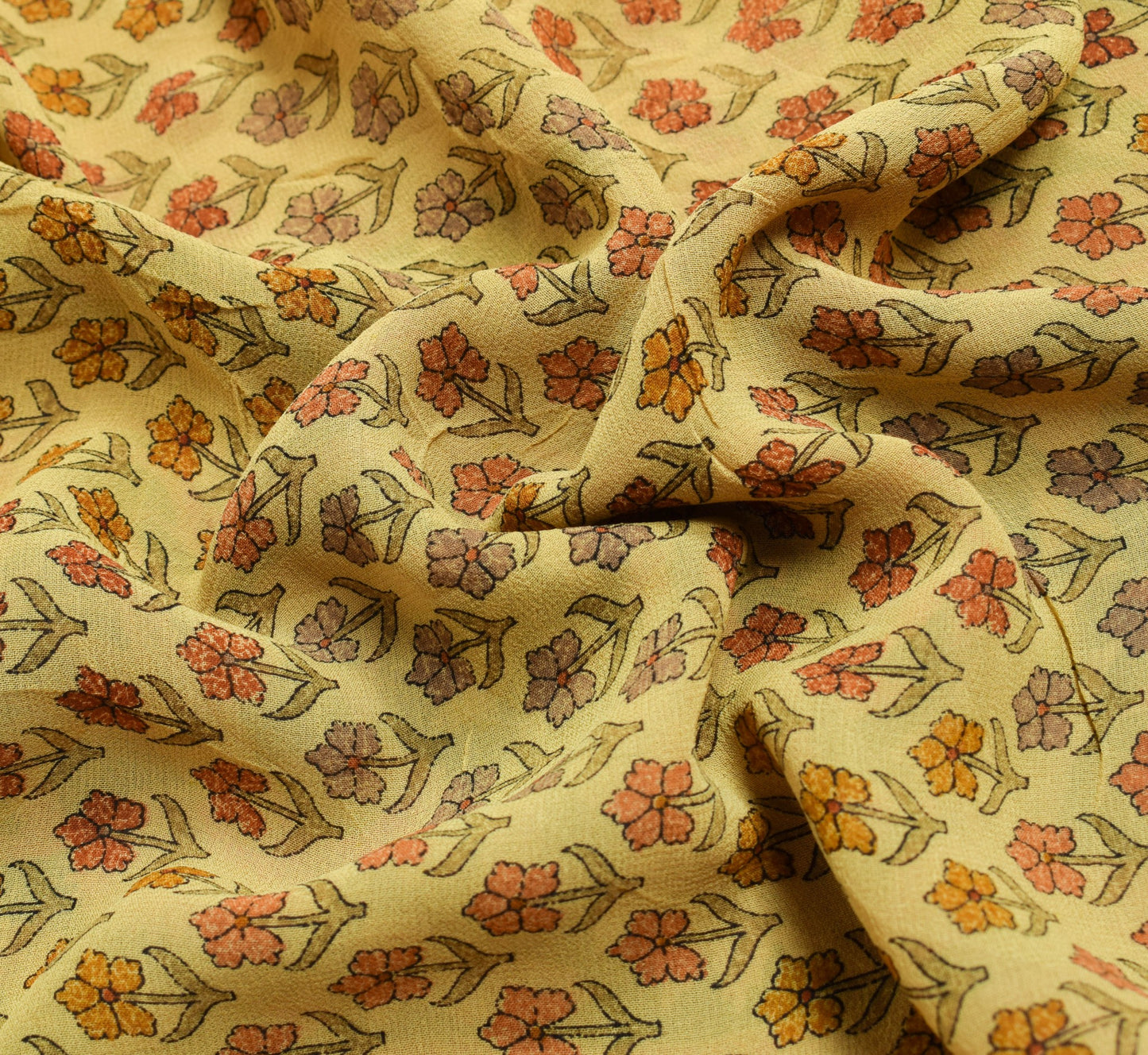 Sushila Vintage Saree 100%Pure Georgette Silk Printed Floral Yellow Craft Fabric