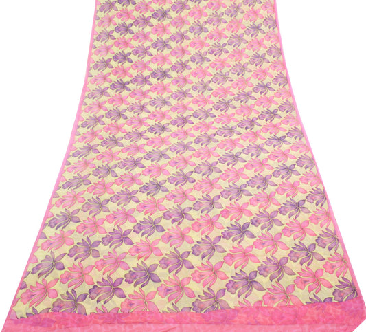 Sushila Vintage Floral Cream Saree 100% Pure Georgette Silk Printed Craft Fabric