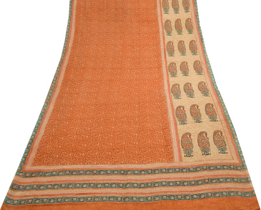 Sushila Vintage Rust Saree 100% Pure Georgette Silk Hand Printed Craft Fabric