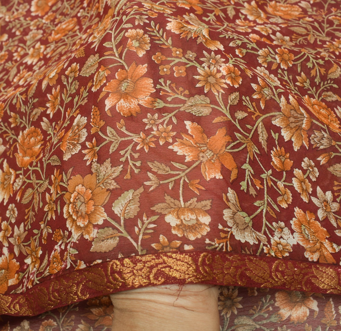 Sushila Vintage Floral Maroon Saree Georgette Silk Printed Indian Craft Fabric