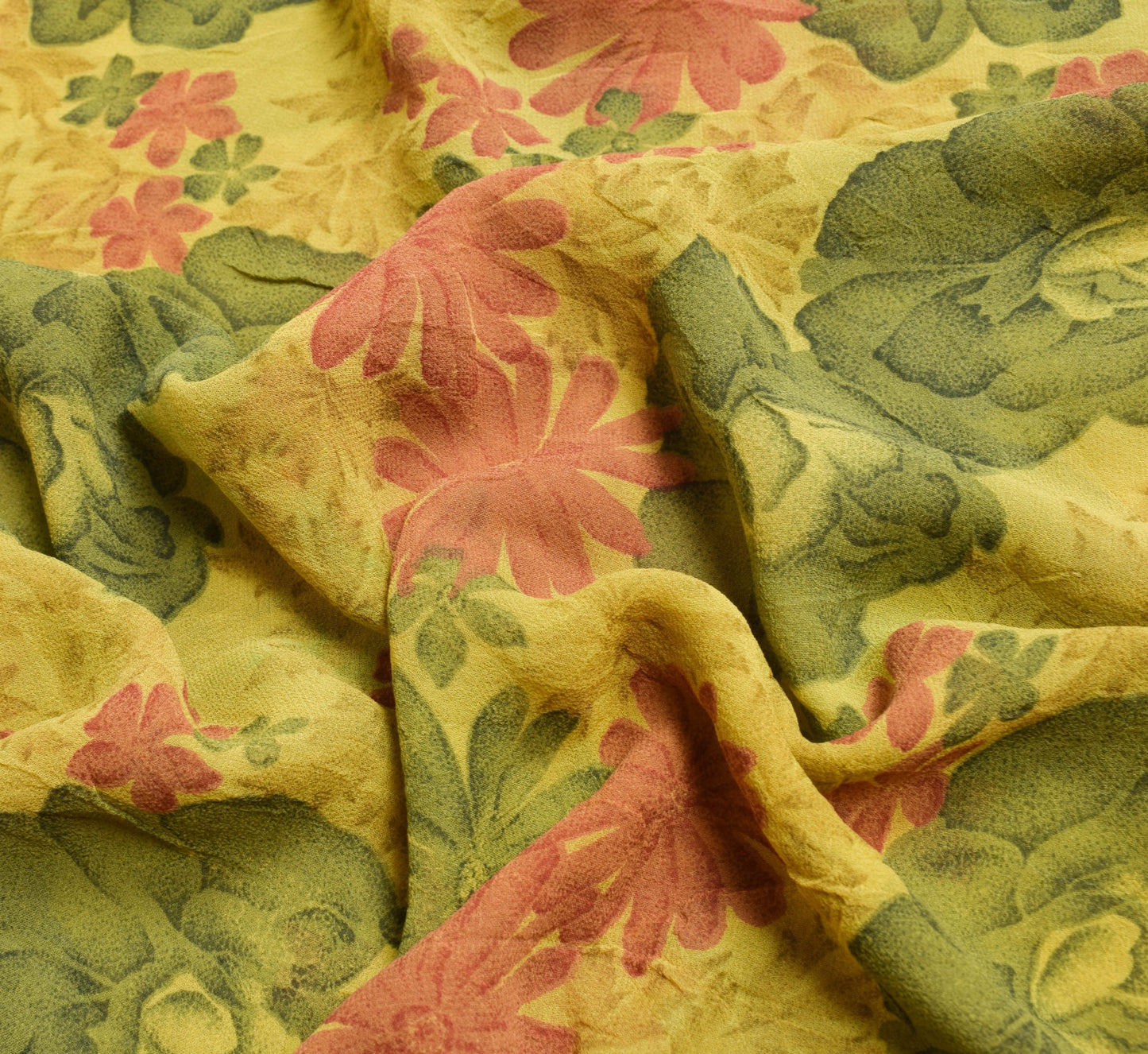 Sushila Vintage Saree 100%Pure Georgette Silk Printed Floral Yellow Craft Fabric