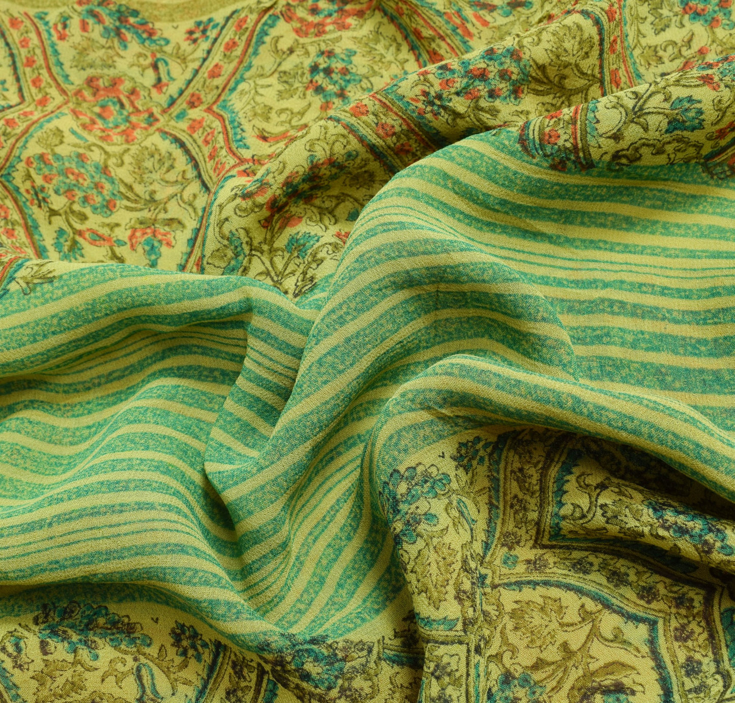 Sushila Vtg Green Orange Saree Georgette Silk Hand Block Printed Craft Fabric