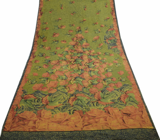 Sushila Vintage Floral Green Saree 100% Pure Georgette Silk Printed Craft Fabric