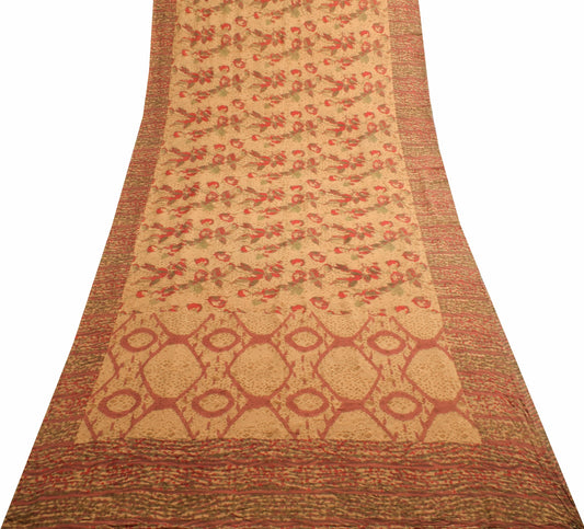 Sushila Vintage Saree 100% Pure Georgette Silk Printed Brown Dress Craft Fabric