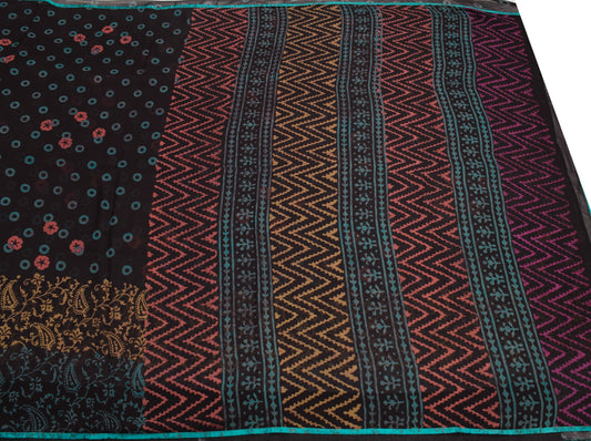 Sushila Vintage Black Scrap Saree Pure Georgette Printed Sari Remnant Fabric