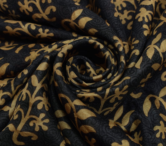 Sushila Vintage Black Saree 100% Pure Silk Printed Floral Soft 5 YD Craft Fabric