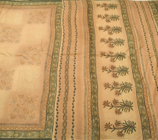 Sushila Vintage Light Brown Saree 100%Pure Silk Printed Floral 5 Yd Craft Fabric