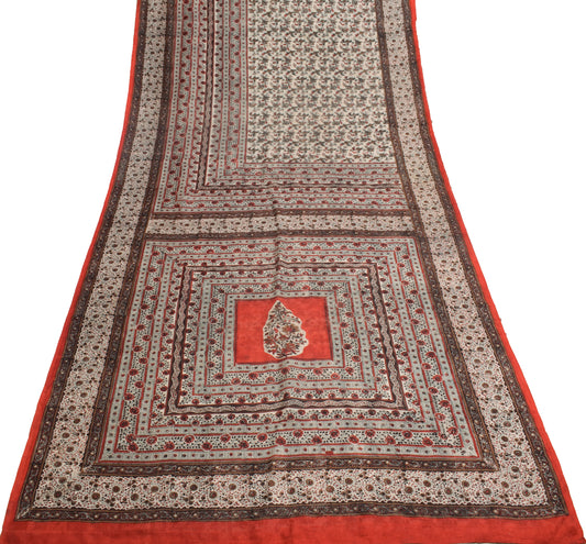 Sushila Vintage Cream Saree 100% Pure Silk Printed Floral Soft Craft Fabric