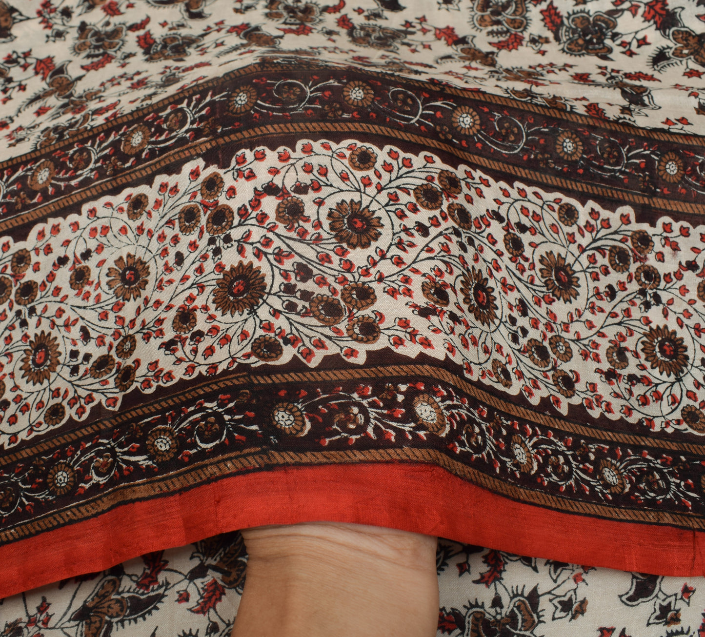 Sushila Vintage Cream Saree 100% Pure Silk Printed Floral Soft Craft Fabric