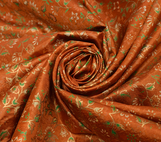 Sushila Vintage Rust Indian Saree Art Silk Printed Floral Soft Sari Craft Fabric