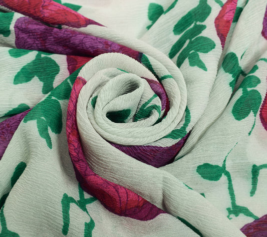 Sushila Vintage White Saree 100% Pure Chiffon Silk Printed Floral Craft Fabric