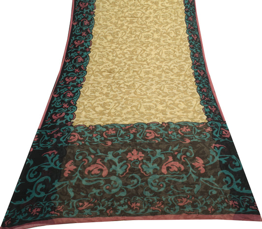 Sushila Vintage Indian Saree 100% Pure Chiffon Silk Printed  Soft Craft Fabric
