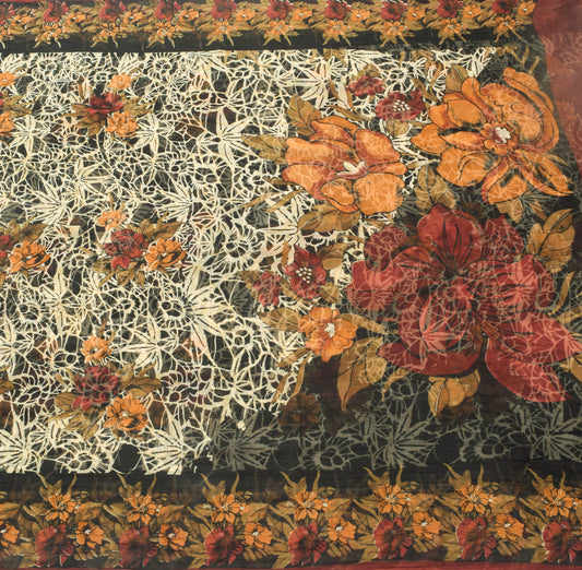 Sushila Vintage Black Saree 100% Pure Chiffon Silk Printed Floral Craft Fabric