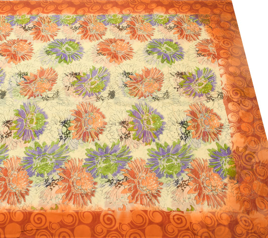 Sushila Vintage Cream Saree 100% Pure Chiffon Silk Printed Floral Craft Fabric