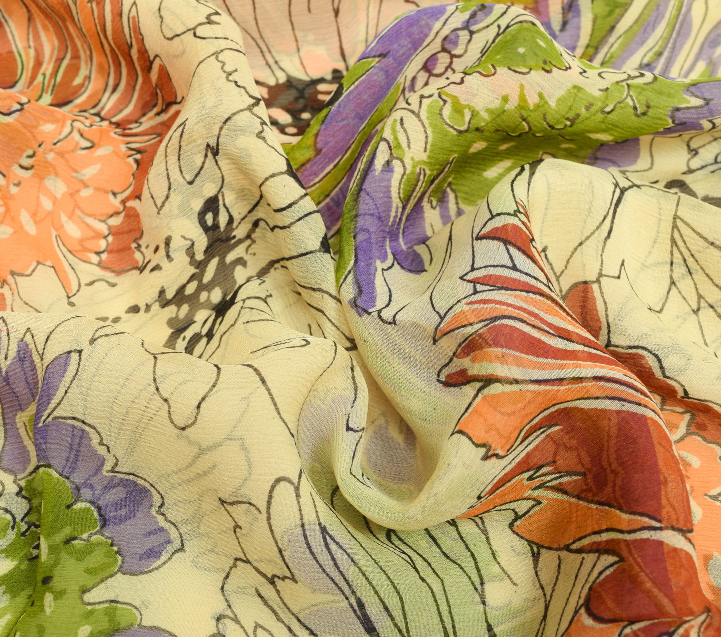 Sushila Vintage Cream Saree 100% Pure Chiffon Silk Printed Floral Craft Fabric