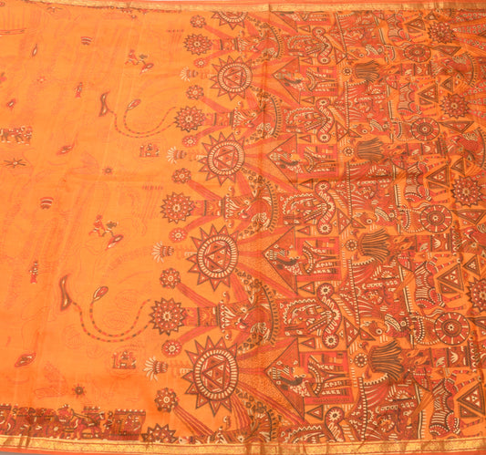 Sushila Vintage Orange Saree 100% Pure Silk Human Printed Soft Craft Fabric