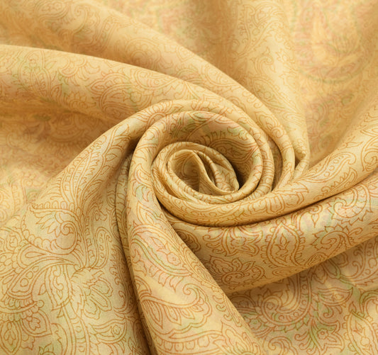 Sushila Vintage Beige Saree 100% Pure Silk  Paisley Printed Soft Craft Fabric