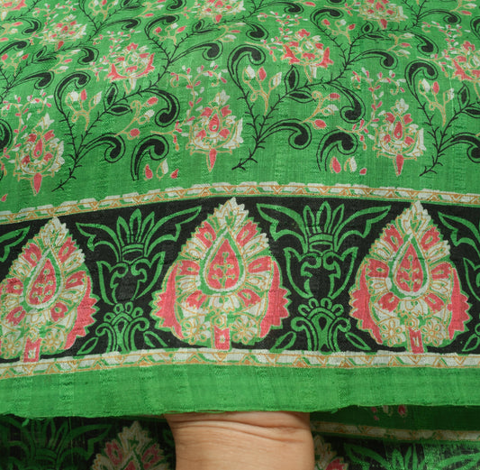 Sushila Vintage Green Saree 100% Pure Silk Printed Floral Indian Craft Fabric