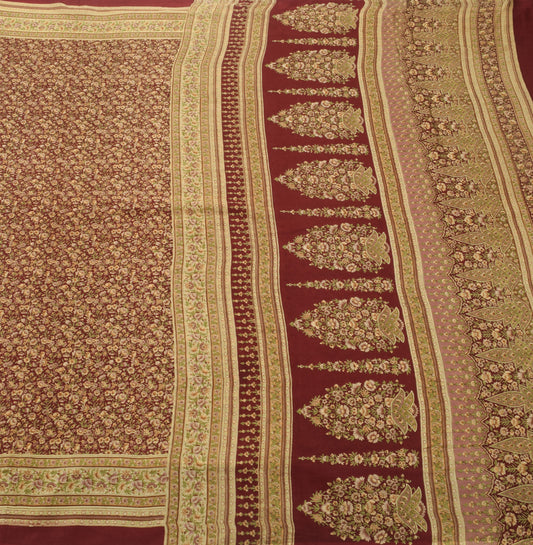 Sushila Vintage Maroon Saree 100% Pure Silk Printed Floral Soft Craft Fabric