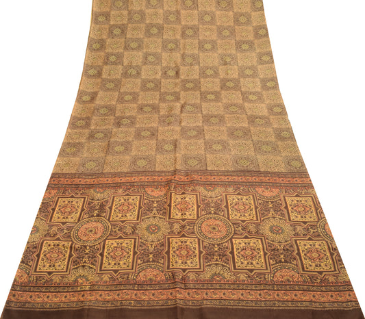 Sushila Vintage Dark Brown Saree 100% Pure Silk Hand Block Printed Soft Fabric