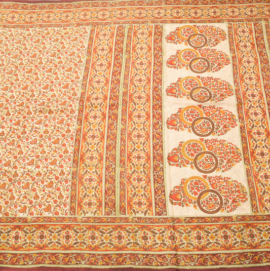 Sushila Vintage Beige Saree 100% Pure Silk Hand Block Printed Soft Craft Fabric