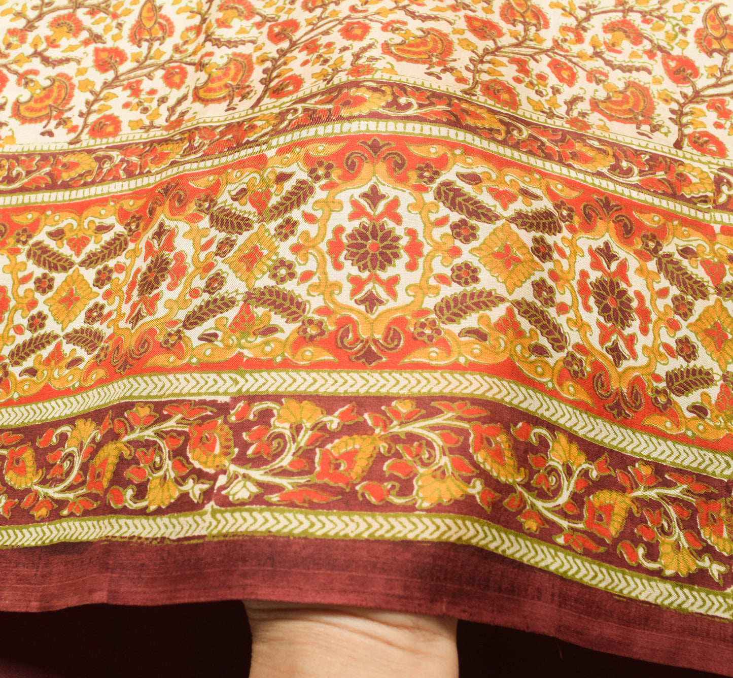 Sushila Vintage Beige Saree 100% Pure Silk Hand Block Printed Soft Craft Fabric