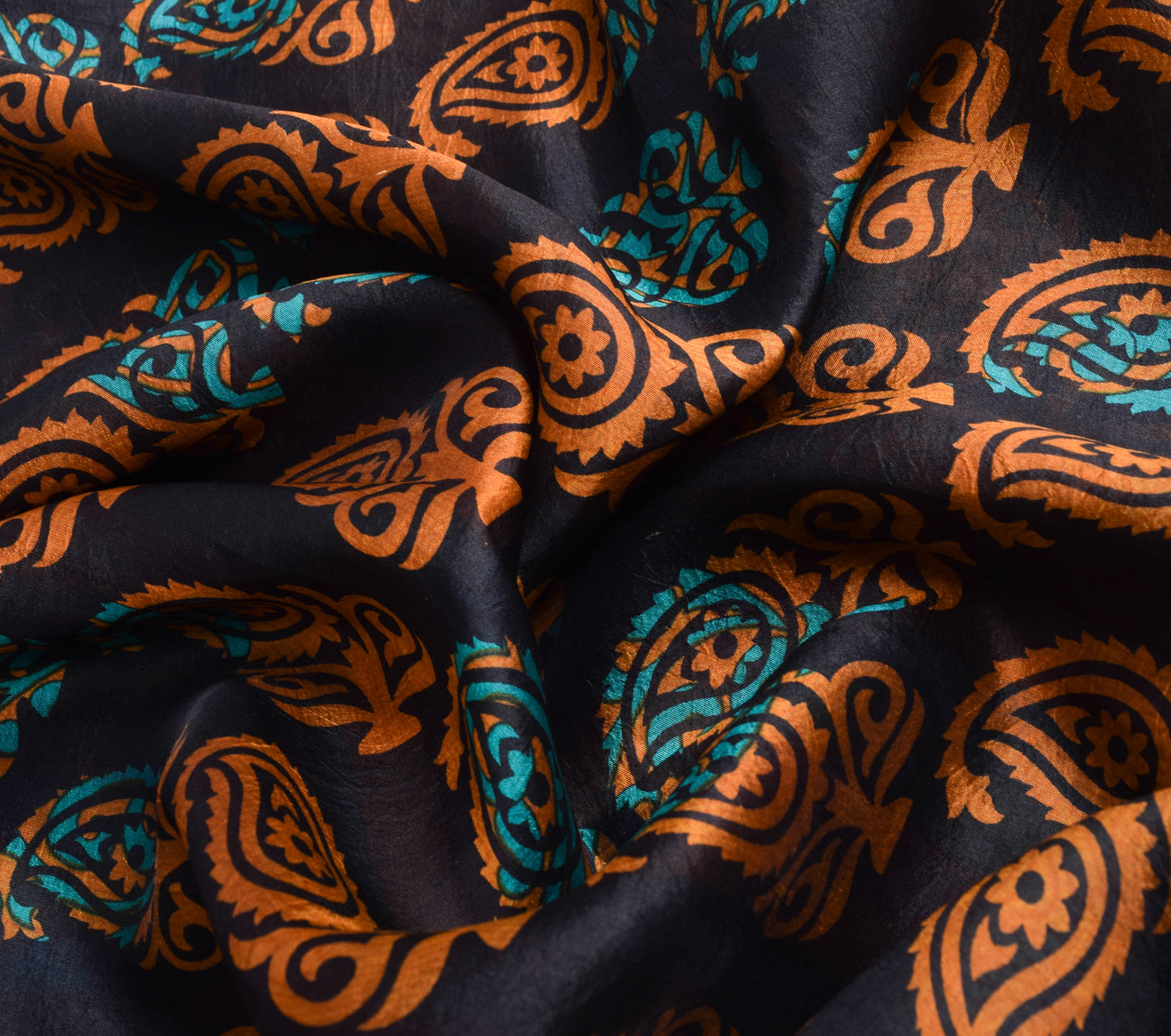 Sushila Vintage Black Saree 100% Pure Silk Printed Paisley Indian Craft Fabric