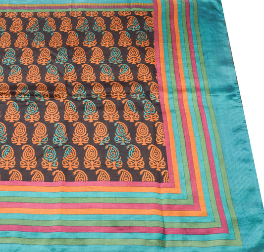 Sushila Vintage Black Saree 100% Pure Silk Printed Paisley Indian Craft Fabric