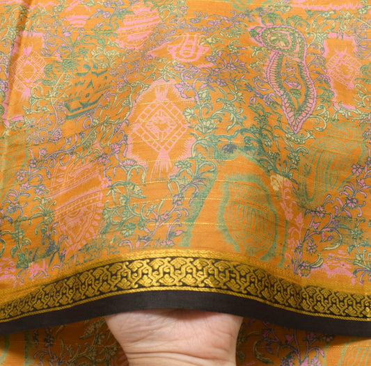 Sushila Vintage Mustard Floral Saree 100% Pure Silk Printed Soft Craft Fabric