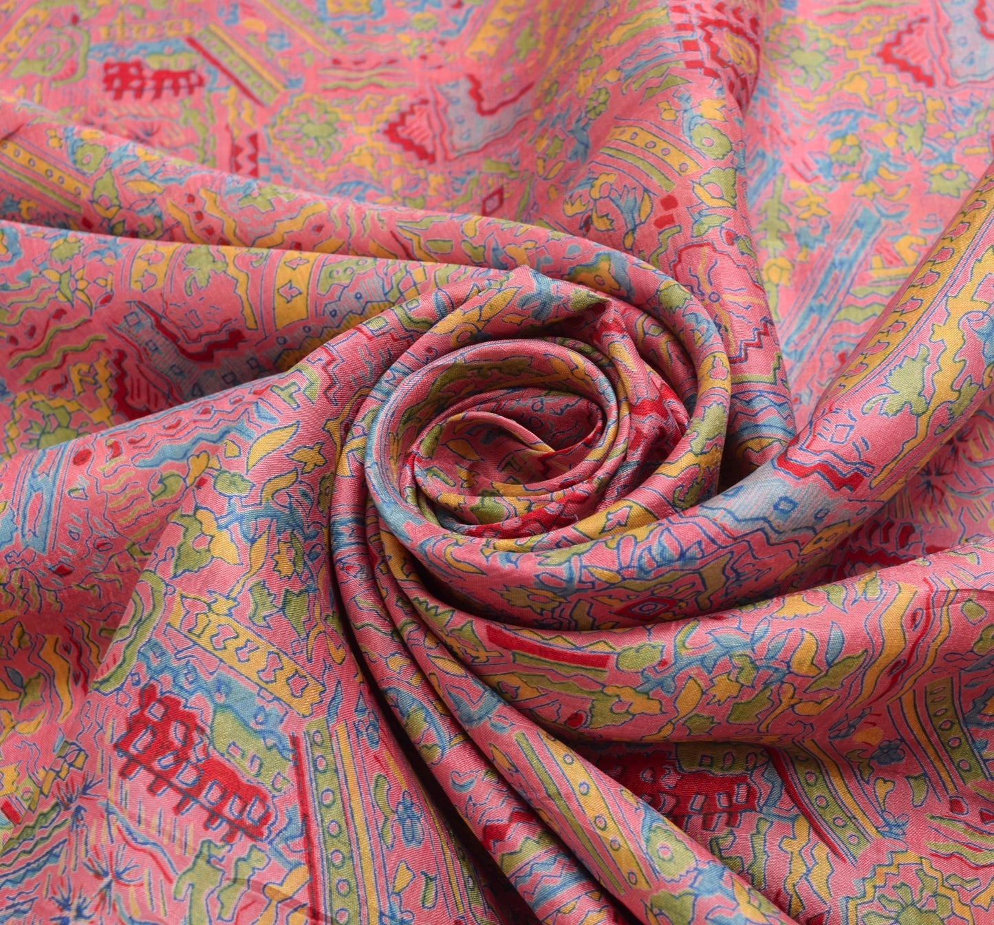 Sushila Vintage Pink Saree 100% Pure Silk Printed Abstract Indian Craft Fabric