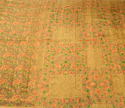 Sushila Vintage Brown Floral Saree 100% Pure Silk Printed 5 YD Soft Craft Fabric