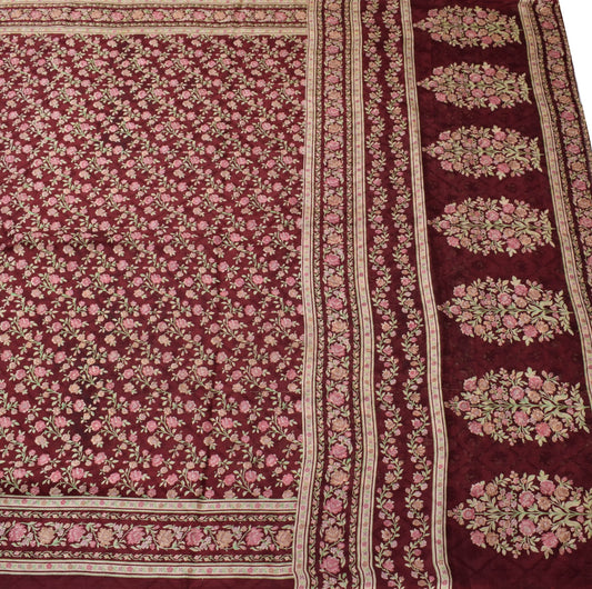 Sushila Vintage Floral Maroon Saree 100% Pure Silk Printed Soft Craft Fabric