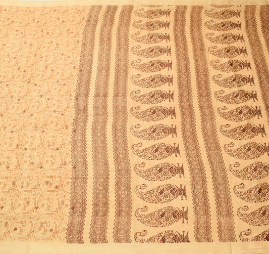 Sushila Vintage Beige Saree Floral 100% Pure Silk Printed Soft 5 YD Craft Fabric